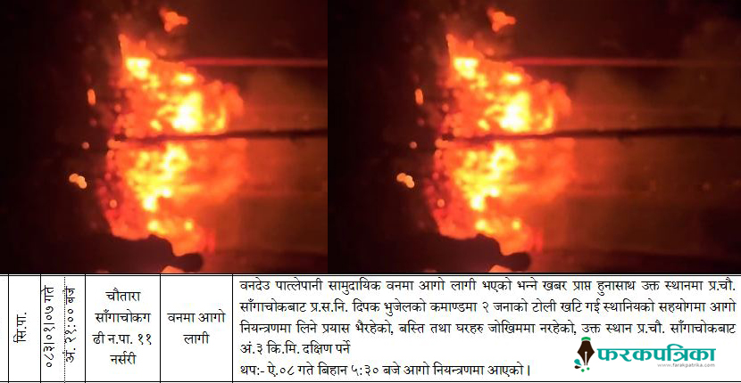 सिन्धुपाल्चोकमा चौकीबाट तीन किमी दुरीमा रातभर आगो लाग्दा नियन्त्रण गर्न दुईजना प्रहरी खटिए