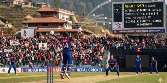चीनविरुद्ध एकै ओभरमा कुशल भुर्तेलले प्रहार गरे ६ छक्का